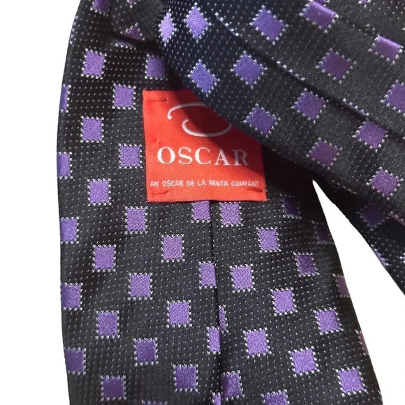 Oscar by Oscar De La Renta Men Black Purple Geometric Silk Handmade Tie - Picture 3 of 6